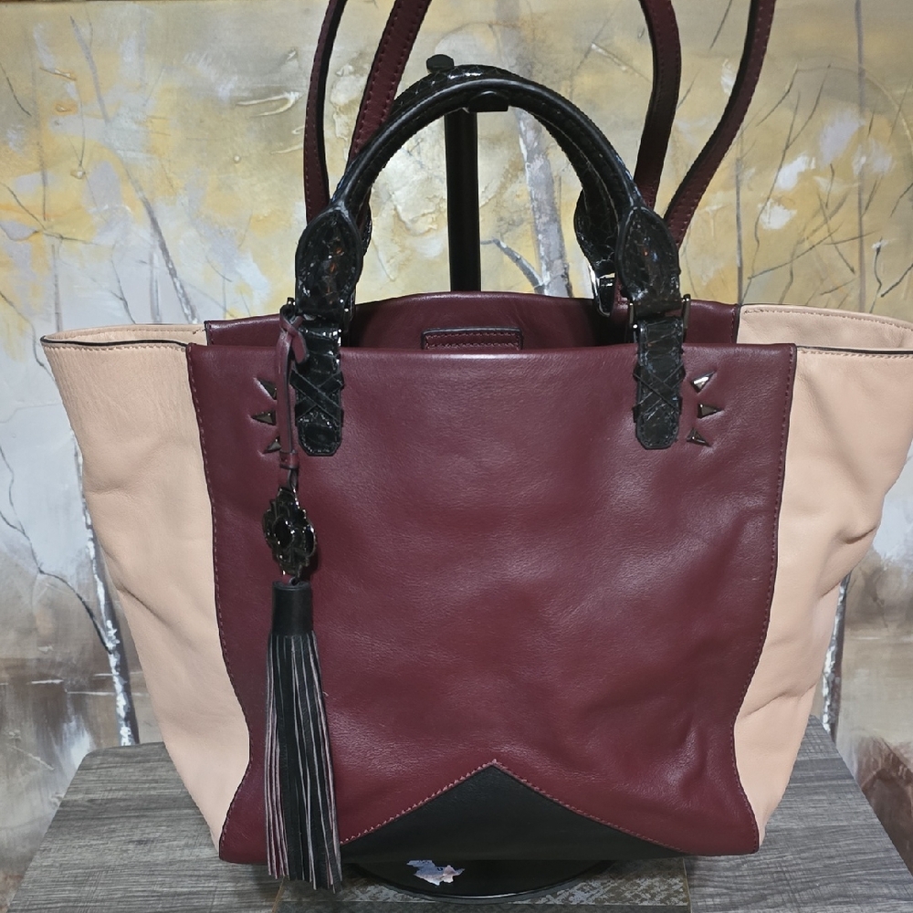 Rafe Two-Tone Leather Tote in Burgundy and Blush with Black Accents